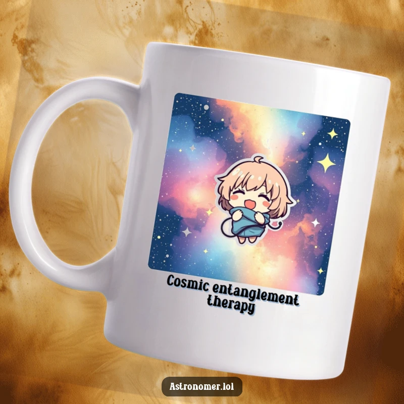 Funny mug of a giggling character comically tangled in a colorful starry nebula, looking utterly amused by the cosmic mess.