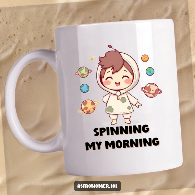 Funny Mug: Cute character playfully juggles miniature planets with a smile, showcasing cosmic dexterity and lightheartedness.