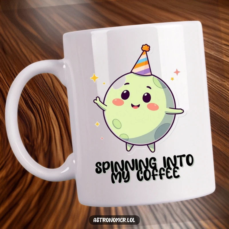 Funny happy planet wearing a party hat, spinning with delight, cheerful space mug for party enthusiasts.