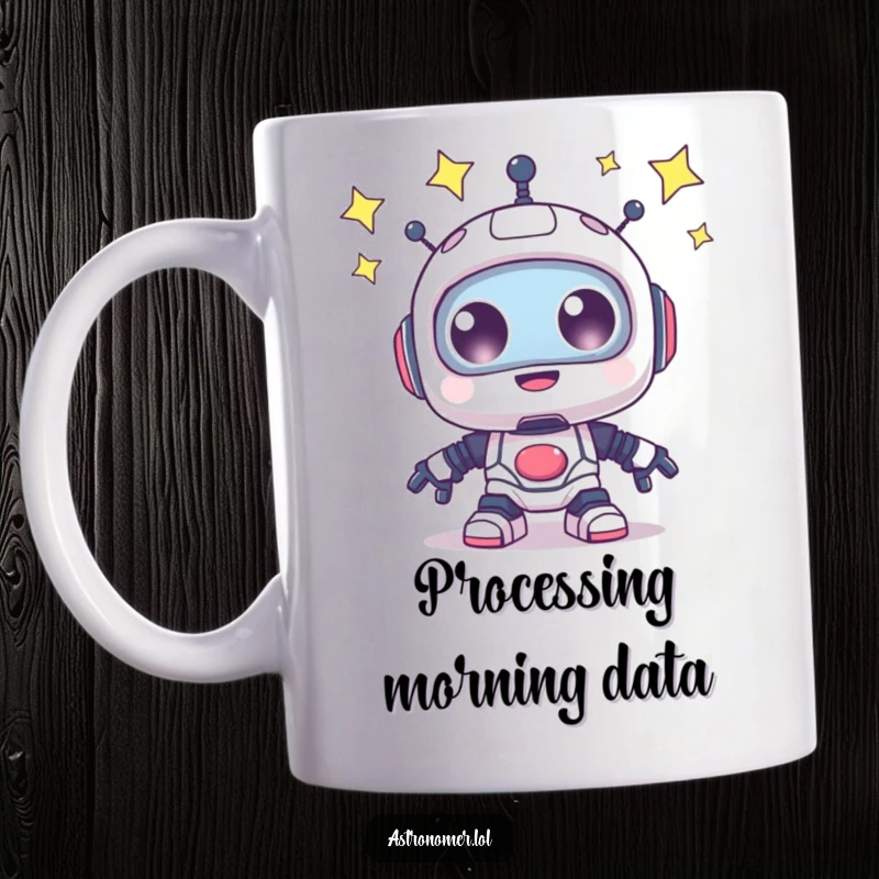 Funny Mug: A happy robot with wide, sparkling eyes gazes up at a starry night sky.