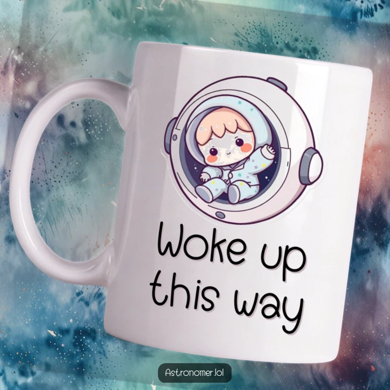 Funny mug with a character in starry pajamas tumbling out of a spaceship hatch, a humorous gift for sleepy space travelers.