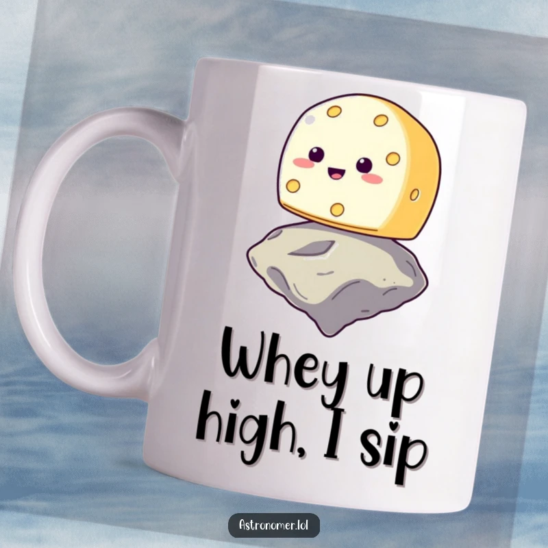 Funny smiling cheese wheel trying to balance on a floating asteroid, cosmic dairy humor, space gag gift mug.