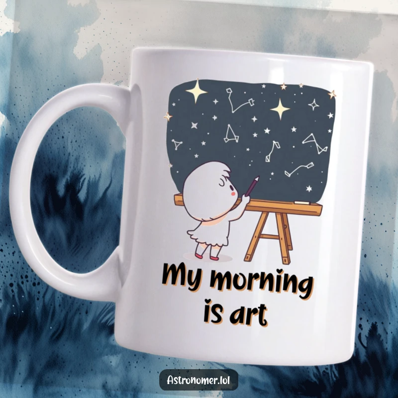 Funny Mug: A cute character excitedly draws star constellations on a chalkboard floating in outer space.