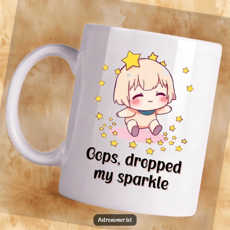 Funny mug featuring a clumsy character tripping and dropping a scattered collection of shiny stars, illustrating a moment of cosmic oops.