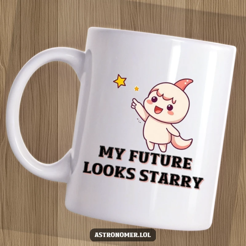Funny Mug: Cute character joyfully points towards a bright, distant star, embodying hopeful aspirations and a sense of wonder for space lovers.