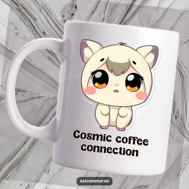 Funny Mug showing a tiny cute character stargazing with enormous, wide, delighted eyes, full of wonder.