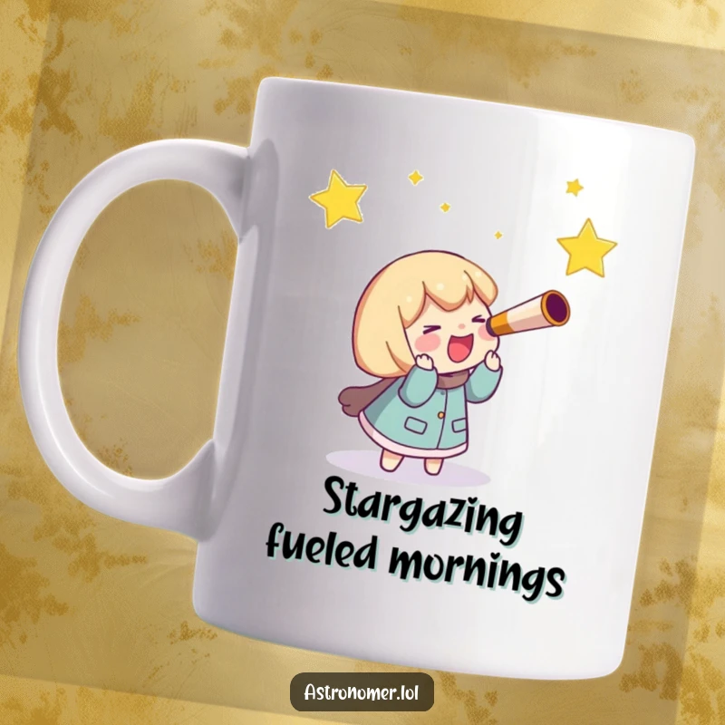 Funny Mug: A character with a telescope giggles excitedly while chasing a bright shooting star across the night sky.