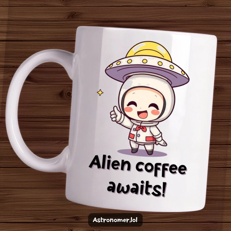Funny Mug showing a character with a wide grin excitedly pointing at a classic flying saucer in the sky.