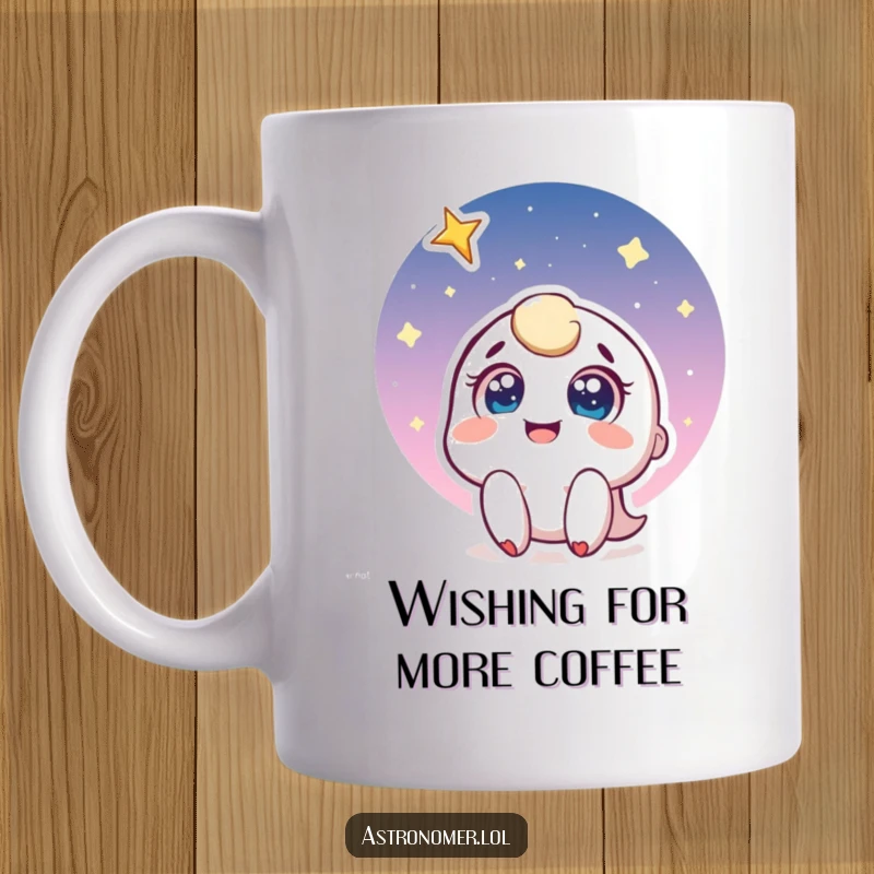 Funny mug with a joyful character wide-eyed, smiling up at a brilliant shooting star, capturing a moment of pure wonder and delight.