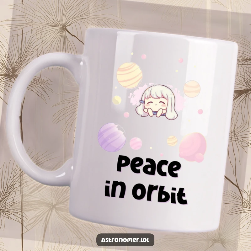 Funny mug: a character floats serenely with closed eyes amidst colorful, glowing planets in deep space, embodying cosmic peace.