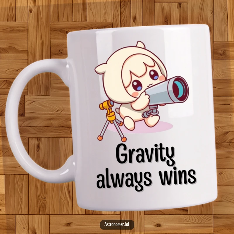 Funny Mug: Cute character comically trips over a telescope, eyes wide with surprise, capturing a moment of delightful cosmic clumsiness.