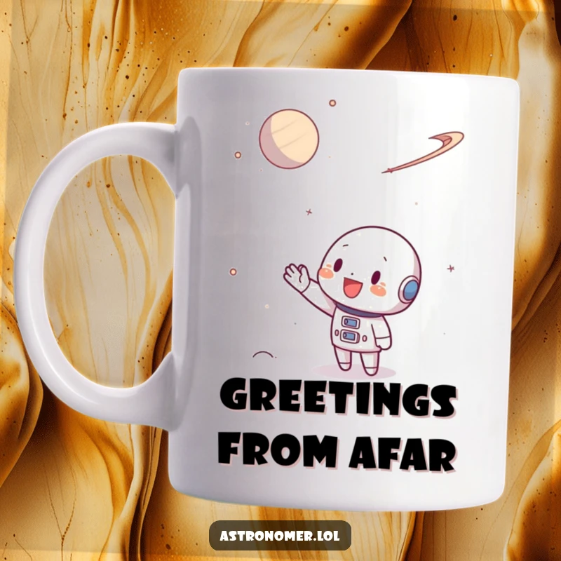 Funny Mug depicting a character enthusiastically waving hello or goodbye to a distant, colorful planet.