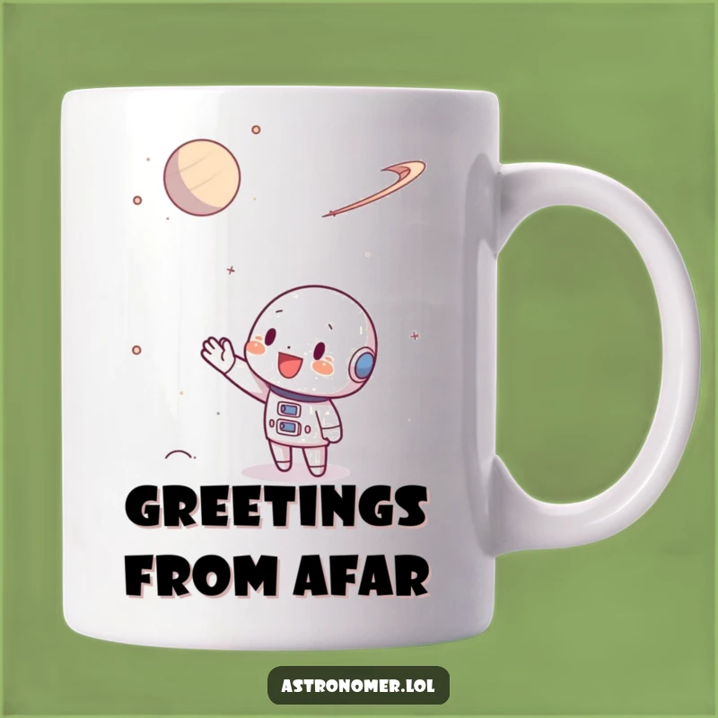 Funny Space Traveler Mug: Character Waves at Planet, Perfect Farewell Gift