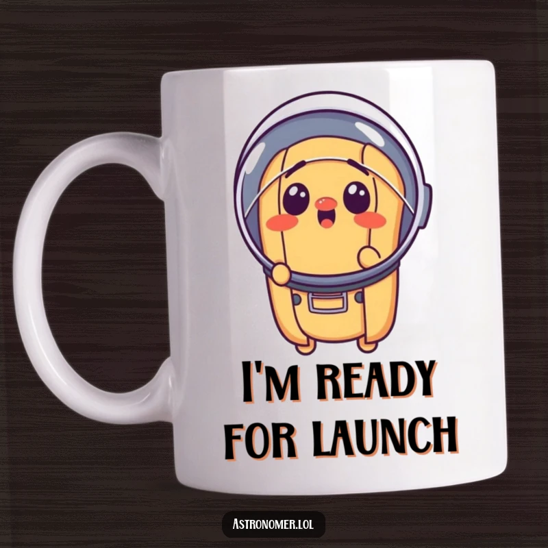 Funny surprised hot dog wearing a tiny astronaut helmet, shocked expression, humorous space foodie mug.