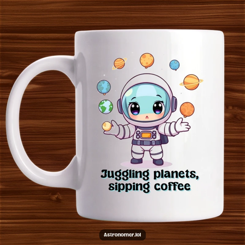 Funny Astronaut Mug: A cartoon astronaut with wide eyes skillfully juggling small models of different planets.