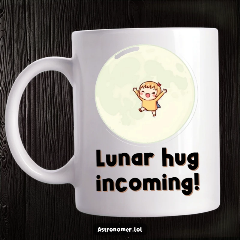 Funny mug: a character excitedly orbits a giant moon with tiny arms outstretched, beaming with pure cosmic joy.