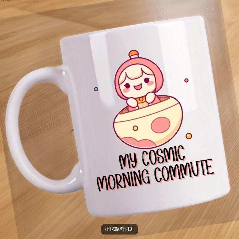 Funny Kawaii Mug: A cute character joyfully floats on a planet, using it like a boat on a cosmic sea, bringing smiles.