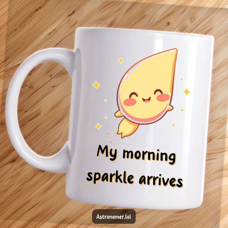Funny mug featuring a giggling comet character joyfully streaking across space, leaving a trail of sparkling dust, perfect for space lovers.