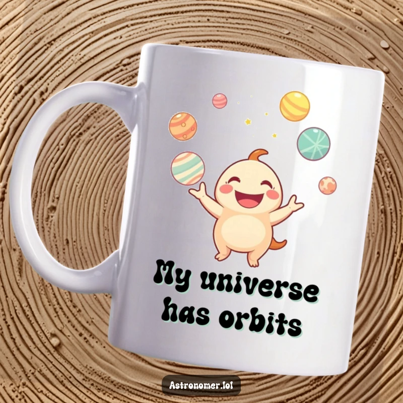 Funny mug showcasing a smiling creature gleefully juggling glowing planets, radiating pure happiness and otherworldly fun.