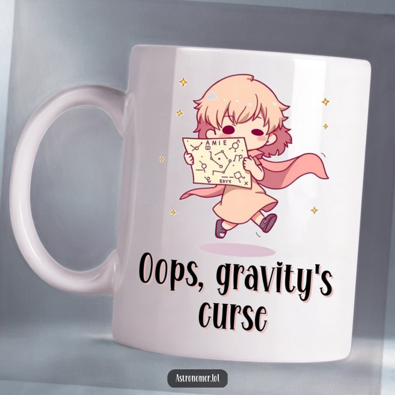 Funny mug: a character dramatically trips while holding a constellation map, spilling stars, symbolizing a clumsy cosmic journey.