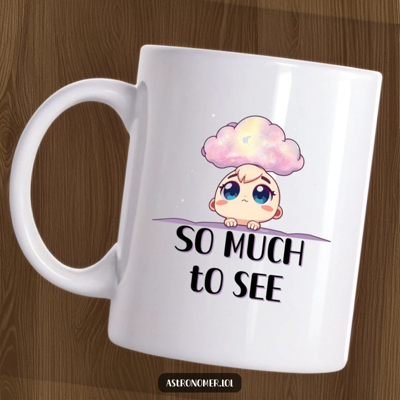 Funny mug with big eyes gazing in wonder at a colorful nebula cloud, a humorous and captivating gift for space lovers.
