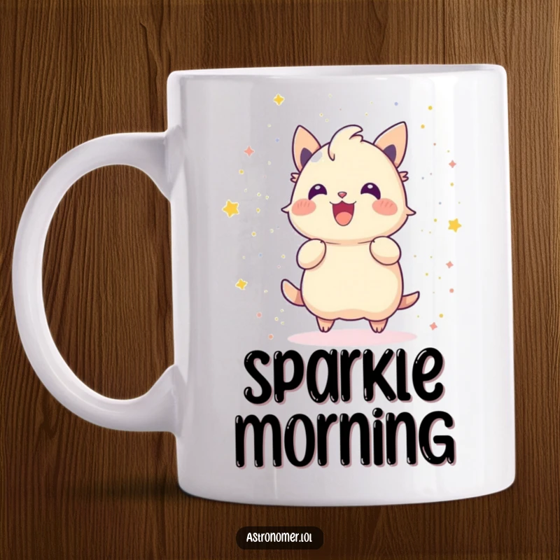 Funny mug featuring a gleeful creature joyfully throwing stardust like confetti, creating a magical, celebratory scene.