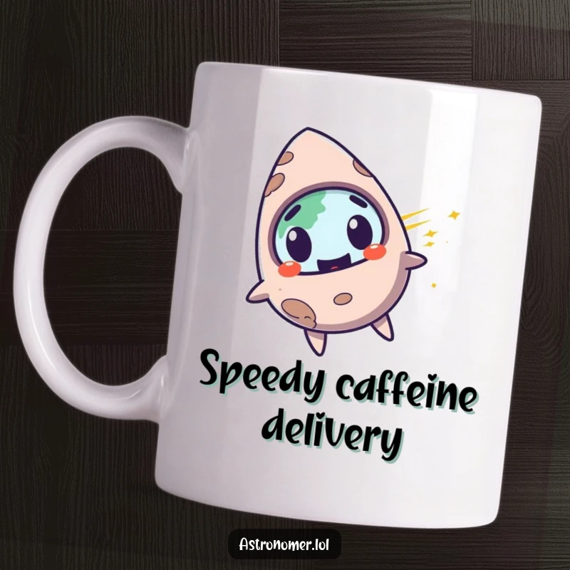 Funny surprised meteorite with a mischievous grin, zooming past planet Earth, humorous space mug.