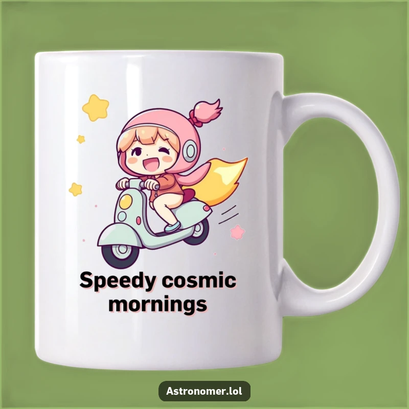 Funny Comet Rider Mug, Joyful Character Scooting Through Space, Perfect Funny Gift!