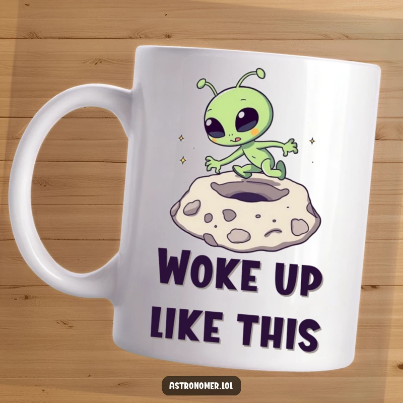 Funny Mug: A goofy alien comically tripping over a moon crater, creating a humorous space scene.