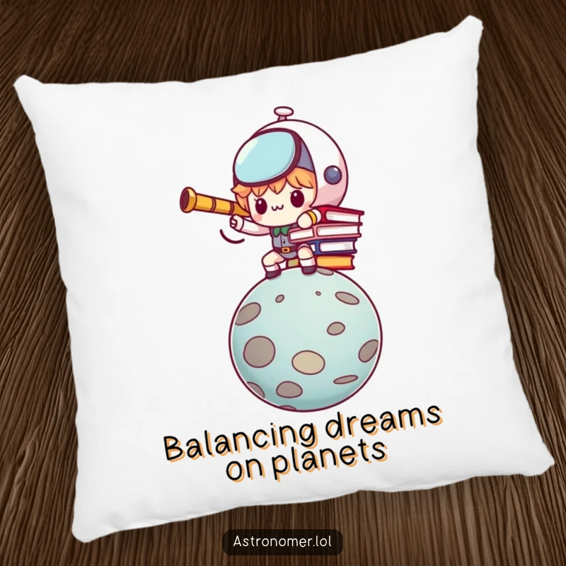 Funny Kawaii astronomer character humorously balancing books on a planet, offering comfort on this pillow.