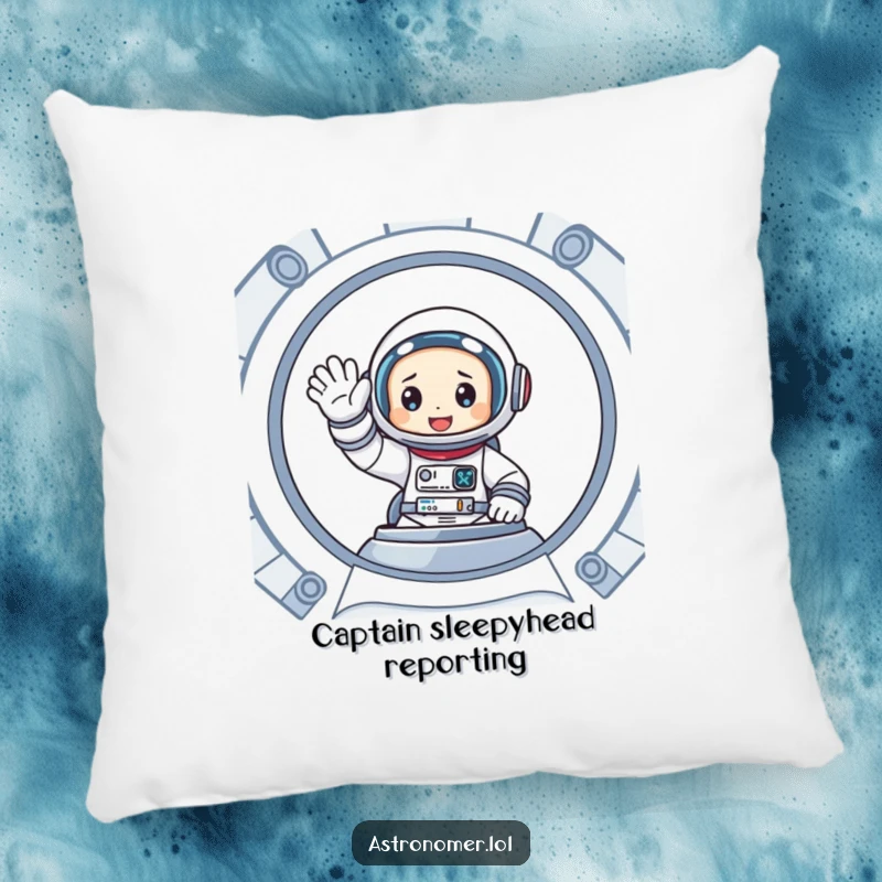 Funny pillow featuring a cartoon astronaut enthusiastically waving from inside a spaceship, perfect for comfortable and friendly decor.