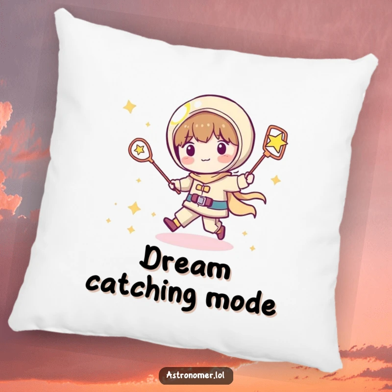 Funny Kawaii astronomer pillow featuring a playful character chasing a shooting star with a net, perfect for humorous relaxation.