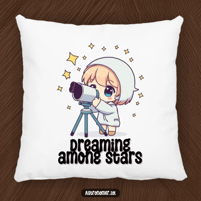 Funny pillow with a character resting, telescope nearby, stars and planets around their head, promoting peaceful cosmic dreams.