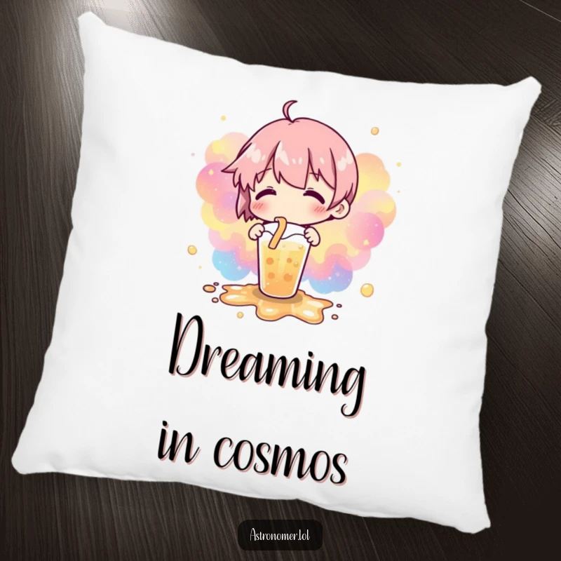 Funny pillow featuring a spilled drink that has artistically formed a glowing nebulae pattern, offering cosmic relaxation.