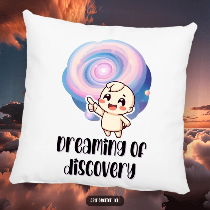 Funny pillow with a happy character pointing at a bright, swirling galaxy, adding a touch of cosmic cheer to any room.