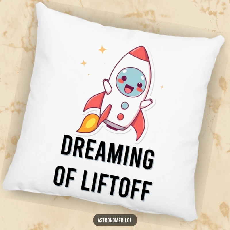 Funny pillow with a character joyfully pretending to be a rocket ship blasting off, designed for cozy imaginative play.