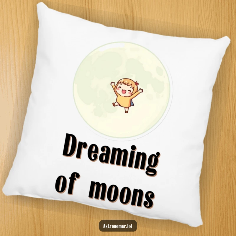 Funny pillow with an excited character orbiting a giant moon with small outstretched arms, designed for cozy lunar dreams.