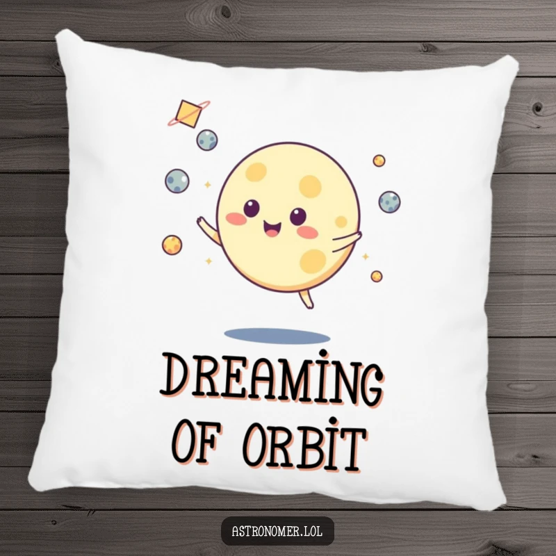 Funny pillow showcasing a smiling moon character juggling small asteroids with ease, providing comfort and celestial amusement.