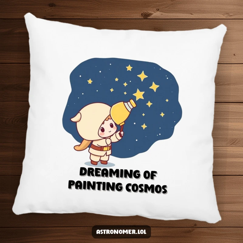 Funny Kawaii astronomer character humorously painting stars on a dark sky, offering cozy, mischievous comfort on this pillow.