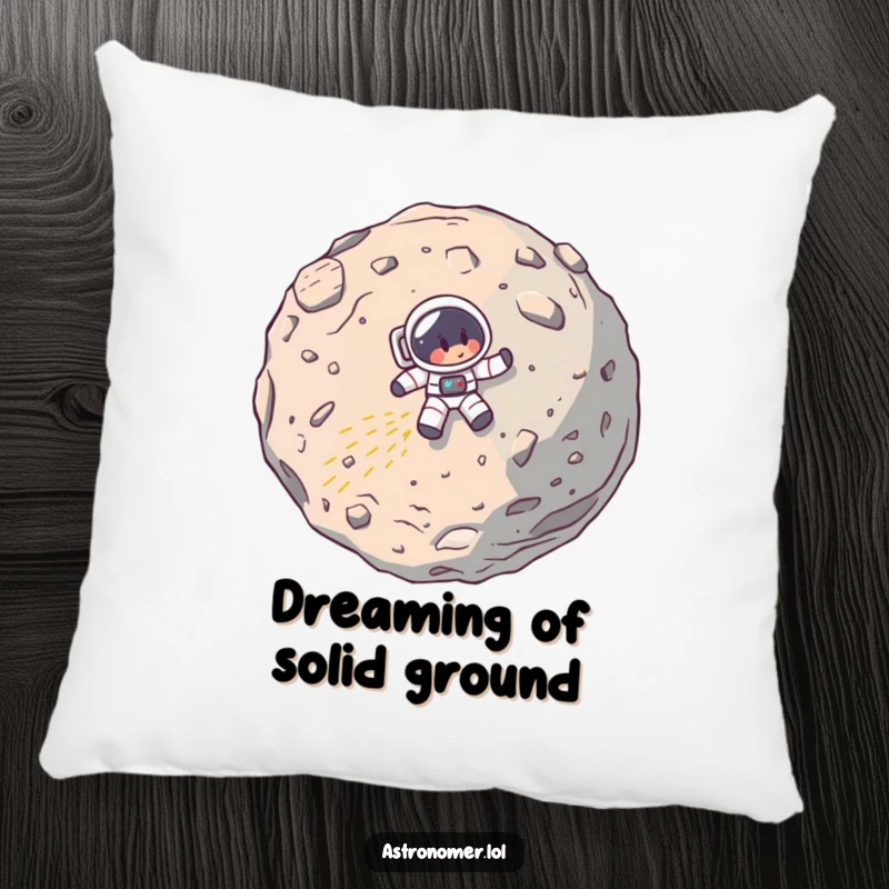 Funny pillow featuring a cartoon astronaut's spaceship comically crashing into a large asteroid, a humorous and soft decorative item.