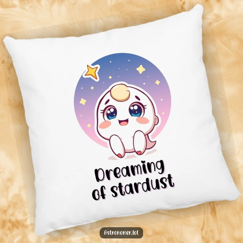 Funny pillow with a joyful character looking up at a shooting star, bringing a sense of wonder and peacefulness to any room.