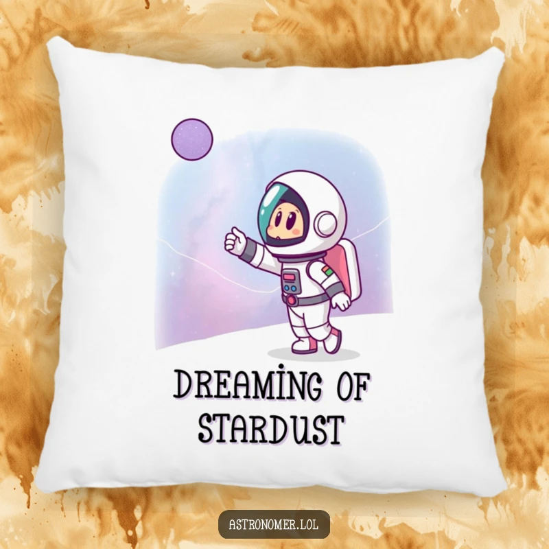 Funny pillow featuring a cartoon astronaut excitedly pointing towards a distant galaxy, perfect for adding comfort and cosmic charm.