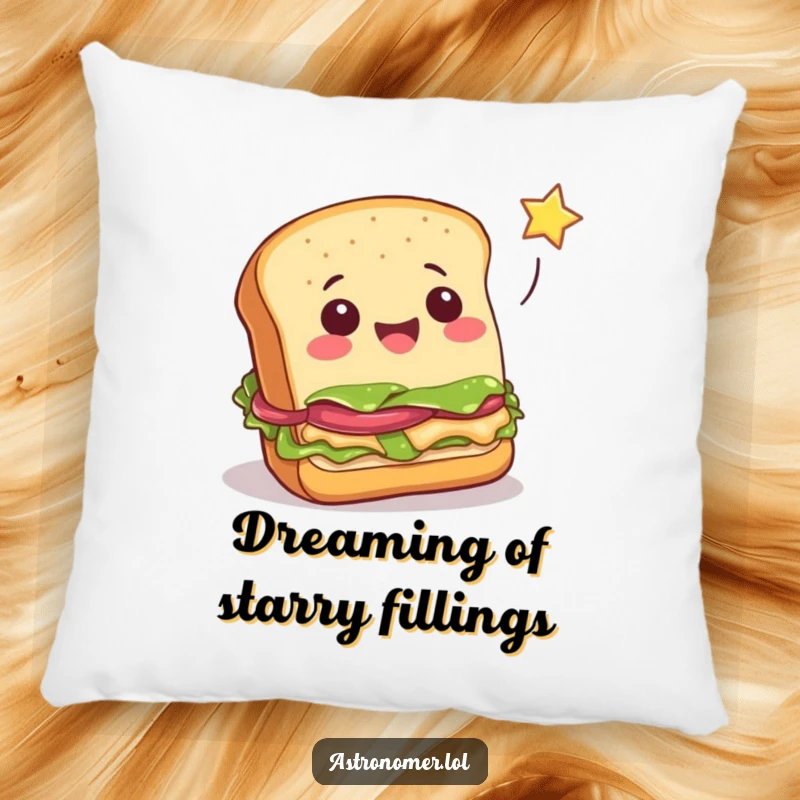 Funny cheerful sandwich attempting to catch a falling star, soft and amusing food-themed pillow, decorative gag gift.