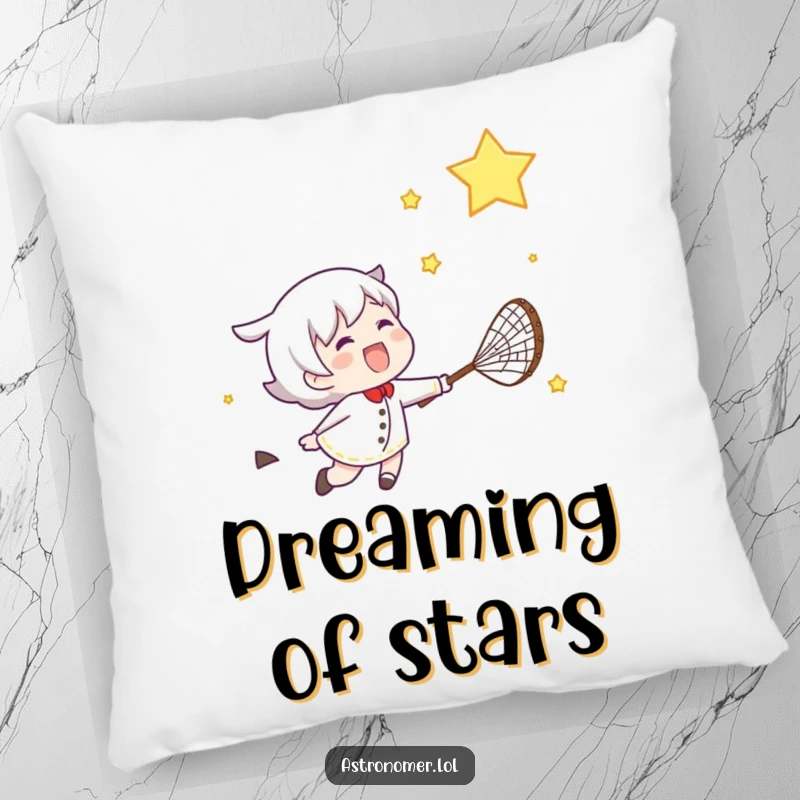 Funny pillow featuring a gleeful character attempting to catch a shooting star with a net, bringing comfort and starlight dreams.