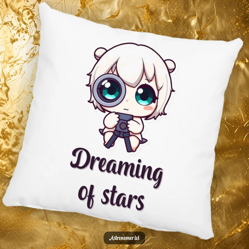 Funny Pillow: A cute character with dramatically wide eyes rests, perhaps dreaming of discoveries through a telescope.