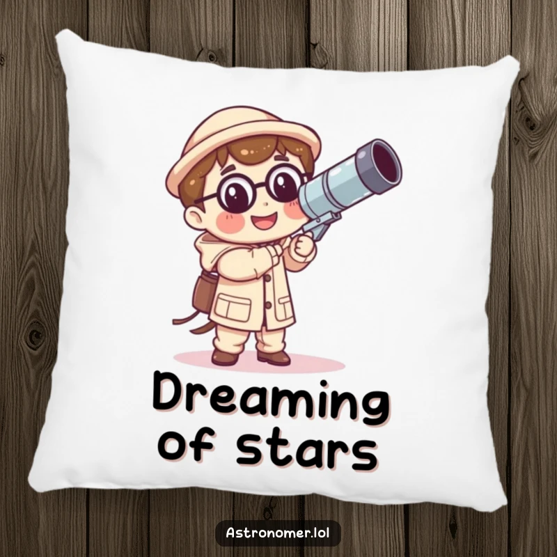 Funny Kawaii astronomer pillow featuring a smiling character holding a comically large, wobbly telescope, perfect for humorous relaxation.