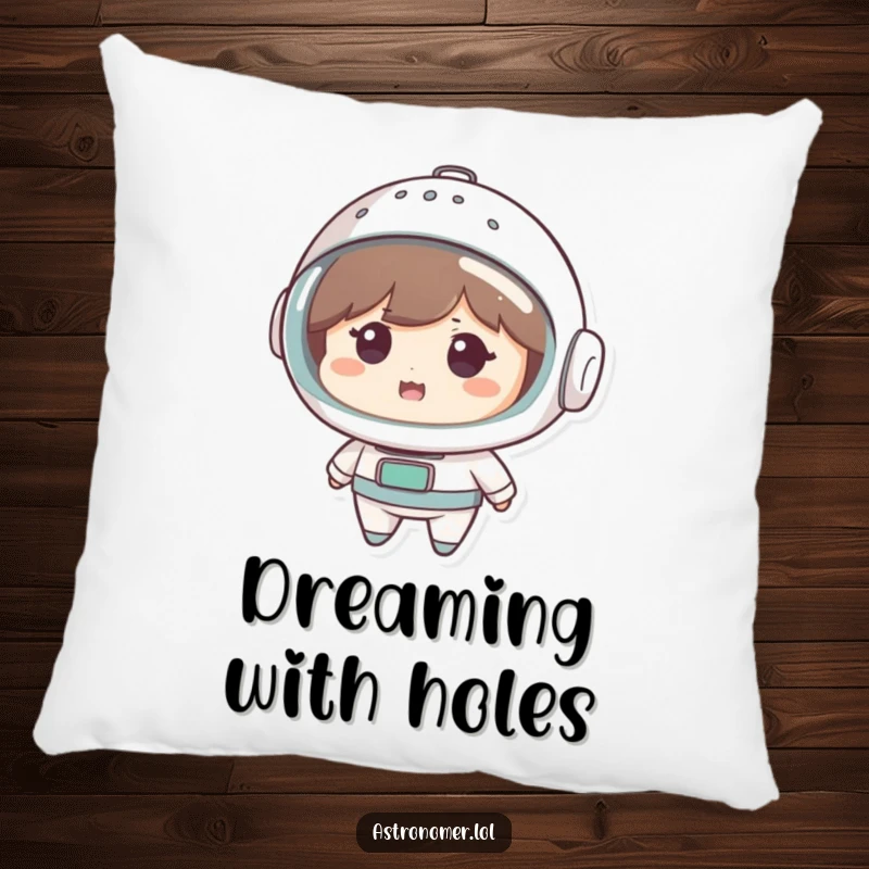 Funny Pillow: Cute character looks amused wearing a colander as a space helmet, bringing a humorous and creative touch to any space.