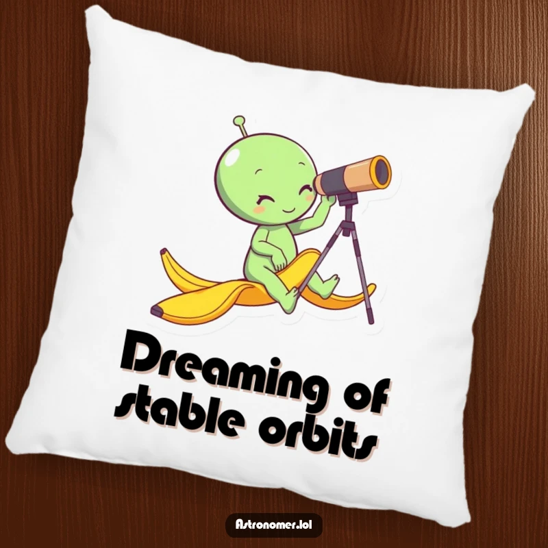 Funny alien slipping on a banana peel while looking through a telescope, soft and humorous space-themed pillow, decorative gag gift.