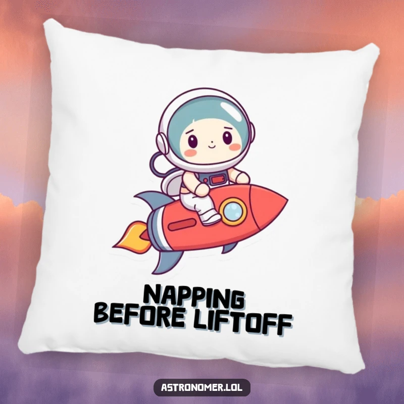 Funny astronaut character smiling nervously on a crooked rocket, a soft and humorous pillow for space lovers.