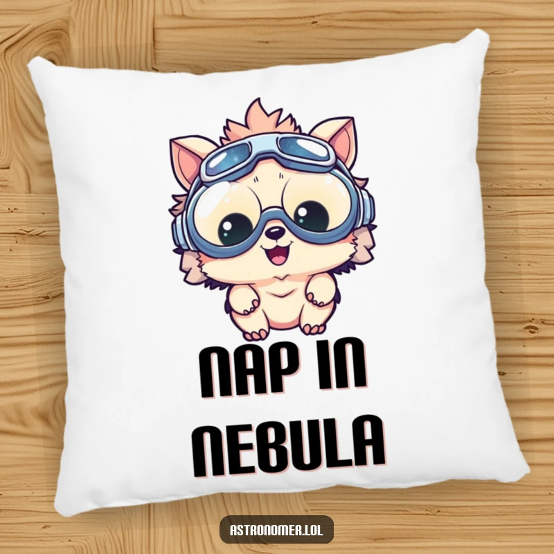Funny pillow featuring a delighted creature wearing oversized goggles, looking at a tiny galaxy, a cuddly piece of humor.